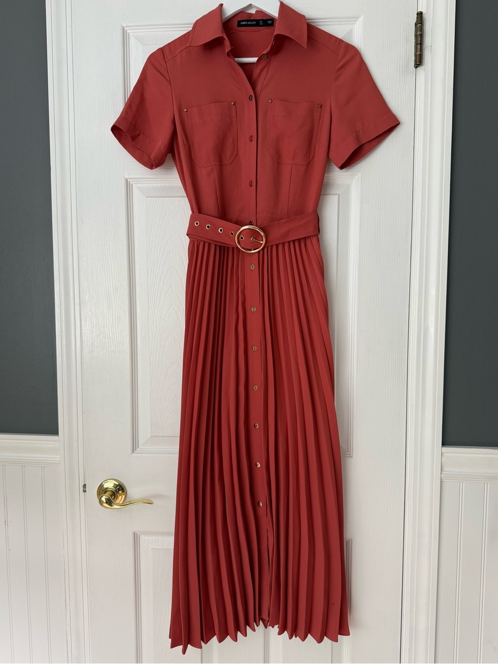 Karen Millen Rust Pleated Shirt Midi Dress with Belt